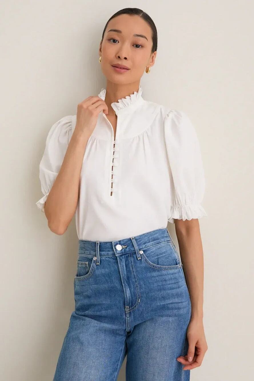 Tuckernuck Pomander Place White Selena Blouse Size XS Ruffle High Neck Top NWT
